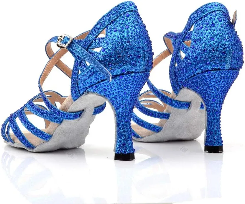 TDA Women's Flared Heel Satin Rhinestones Cut-out Rumba Samba Tango Latin Dance Shoes Wedding Praty Sandals