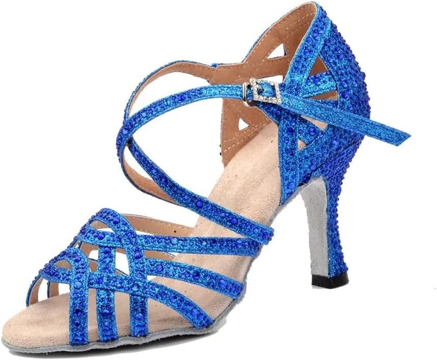 TDA Women's Flared Heel Satin Rhinestones Cut-out Rumba Samba Tango Latin Dance Shoes Wedding Praty Sandals