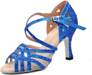 TDA Women's Flared Heel Satin Rhinestones Cut-out Rumba Samba Tango Latin Dance Shoes Wedding Praty Sandals