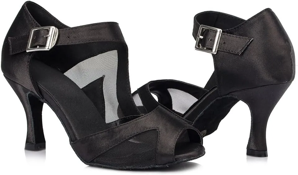 TDA Women's High Heel Peep Toe Buckle Mesh Satin Tango Ballroom Latin Modern Dance Wedding Shoes