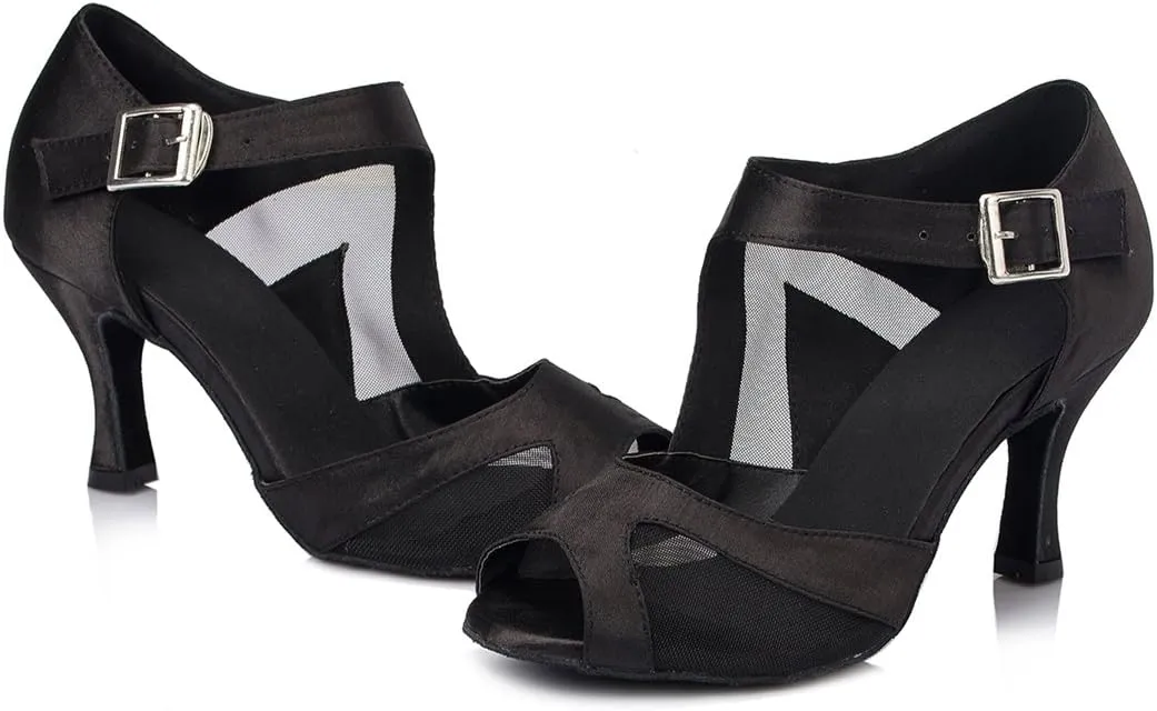 TDA Women's High Heel Peep Toe Buckle Mesh Satin Tango Ballroom Latin Modern Dance Wedding Shoes