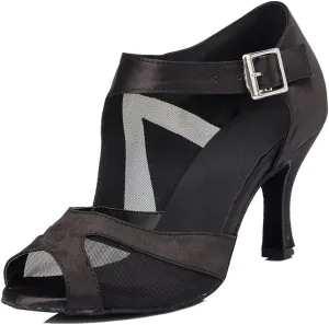 TDA Women's High Heel Peep Toe Buckle Mesh Satin Tango Ballroom Latin Modern Dance Wedding Shoes