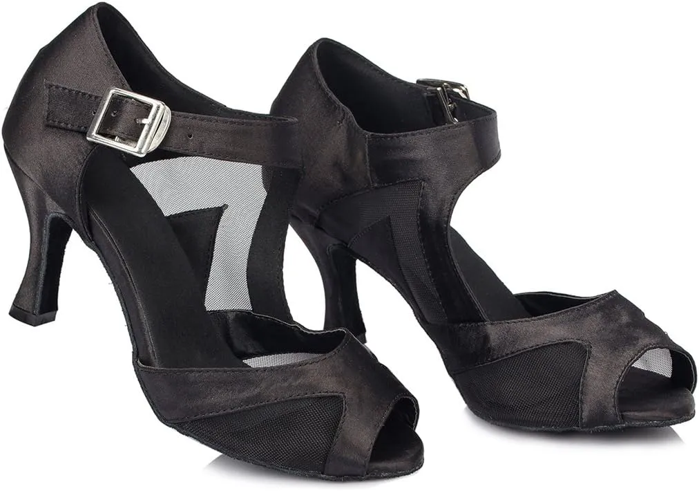 TDA Women's High Heel Peep Toe Buckle Mesh Satin Tango Ballroom Latin Modern Dance Wedding Shoes