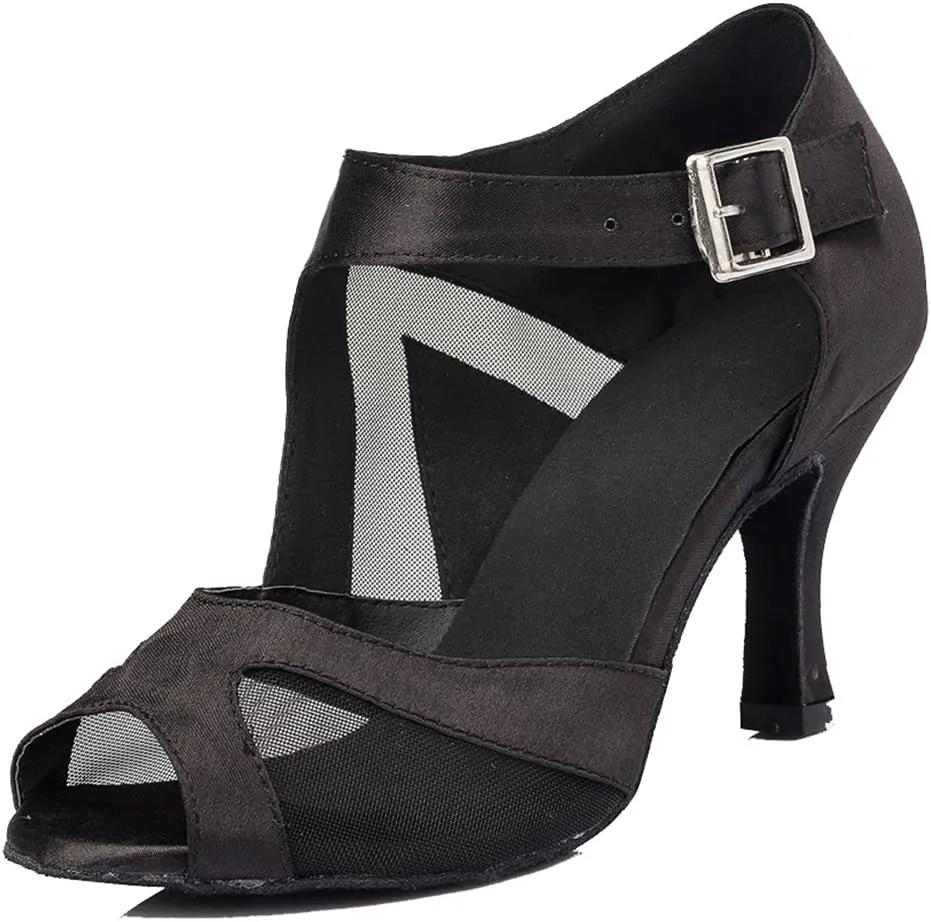 TDA Women's High Heel Peep Toe Buckle Mesh Satin Tango Ballroom Latin Modern Dance Wedding Shoes