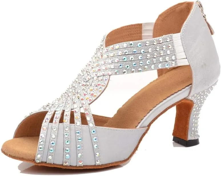 TDA Womens Zipper Flared Heel Silver Satin Crystals Latin Modern Salsa Tango Ballroom Wedding Dance Shoes 9 M US