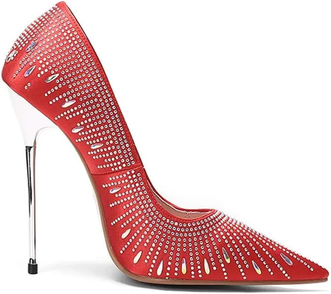 TinaCus Women's Pointed Toe Handmade Satin Rhinestone-Embedded Super High Stiletto Heel Party Pumps Shoes