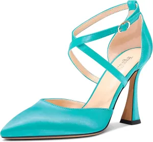 TNYNFBEB Womens Stiletto High Heel Pointed Toe Pumps Cross-Strap Two-Piece Buckle Prom Dress Satin 3.9 Inches Heels