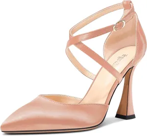 TNYNFBEB Womens Stiletto High Heel Pointed Toe Pumps Cross-Strap Two-Piece Buckle Prom Dress Satin 3.9 Inches Heels