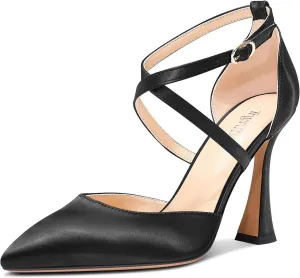 TNYNFBEB Womens Stiletto High Heel Pointed Toe Pumps Cross-Strap Two-Piece Buckle Prom Dress Satin 3.9 Inches Heels