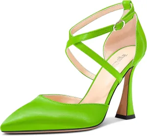 TNYNFBEB Womens Stiletto High Heel Pointed Toe Pumps Cross-Strap Two-Piece Buckle Prom Dress Satin 3.9 Inches Heels