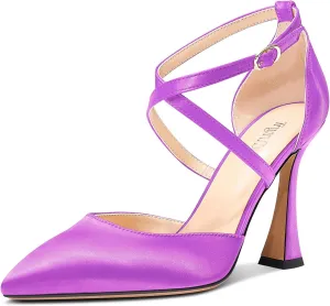 TNYNFBEB Womens Stiletto High Heel Pointed Toe Pumps Cross-Strap Two-Piece Buckle Prom Dress Satin 3.9 Inches Heels