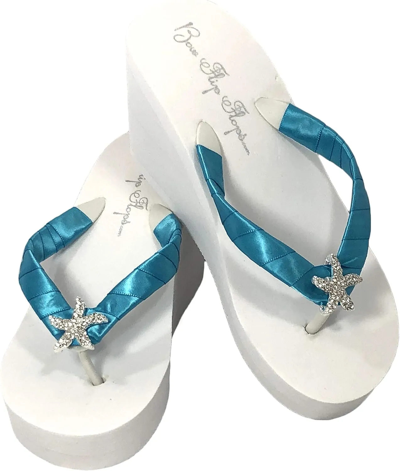 Turquoise Starfish Flip Flops in White 3.5 Inch Heel Sandals