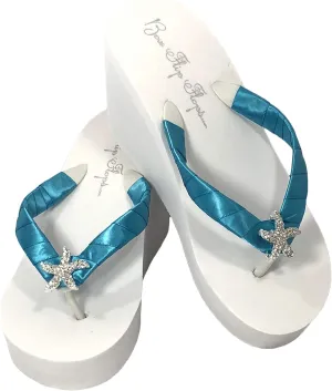 Turquoise Starfish Flip Flops in White 3.5 Inch Heel Sandals