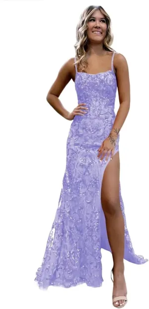 UZN Long Tight Sequin Prom Dresses for Women with Slit Sparkly Spaghetti Straps Formal Evening Gowns