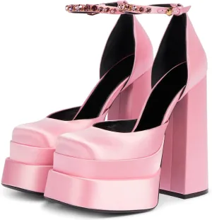 VARECOLA Women Silk Satin Chunky Pumps Shoes Rhinestone Belt Platform Ankle Strap Block High Heels