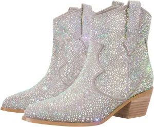 VERISSON Point Toe Western Boots Silver Glitter Rhinestone Block Heeled Cowboy Booty