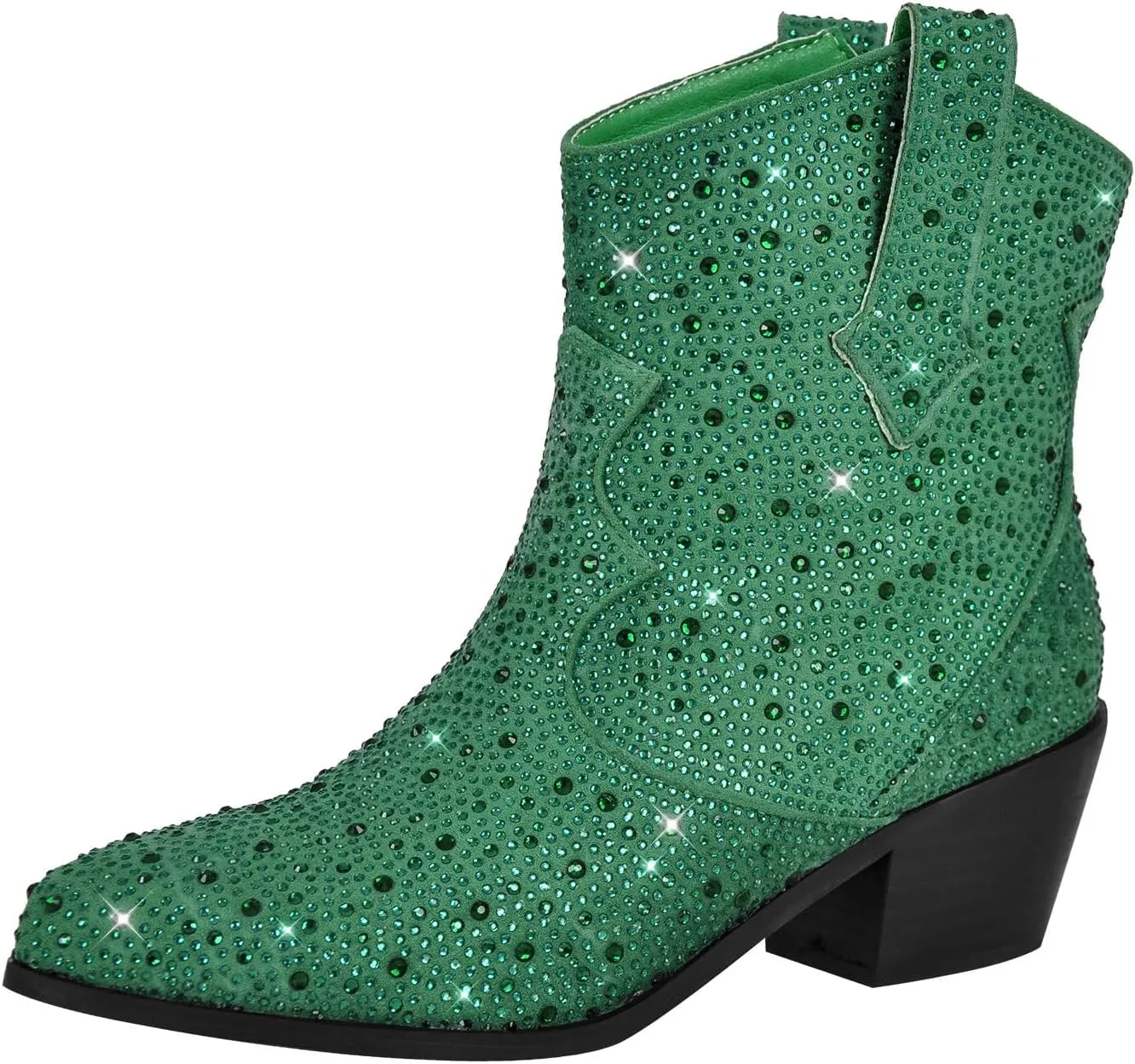 VERISSON Point Toe Western Boots Silver Glitter Rhinestone Block Heeled Cowboy Booty