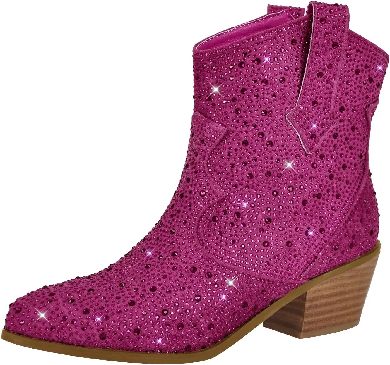 VERISSON Point Toe Western Boots Silver Glitter Rhinestone Block Heeled Cowboy Booty