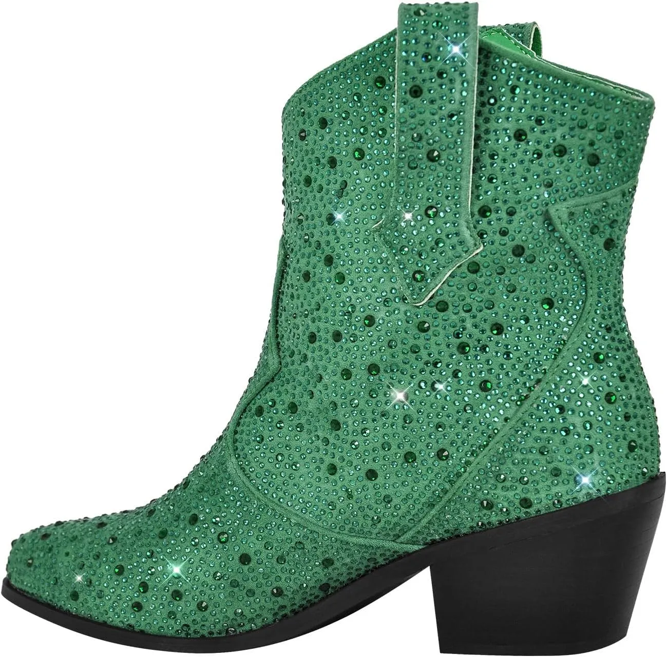 VERISSON Point Toe Western Boots Silver Glitter Rhinestone Block Heeled Cowboy Booty