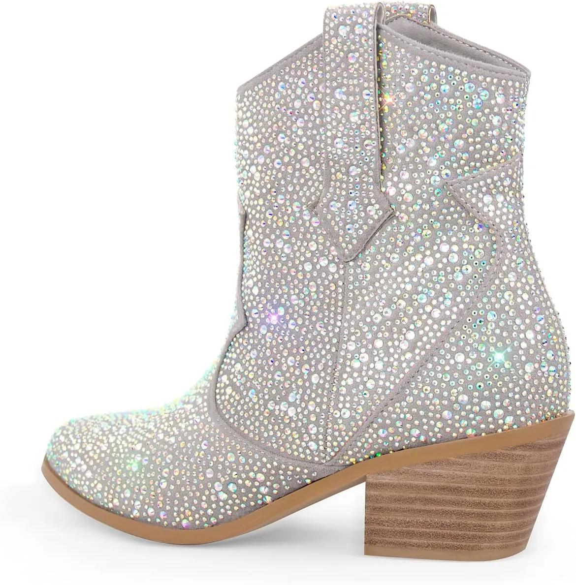 VERISSON Point Toe Western Boots Silver Glitter Rhinestone Block Heeled Cowboy Booty