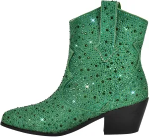VERISSON Point Toe Western Boots Silver Glitter Rhinestone Block Heeled Cowboy Booty