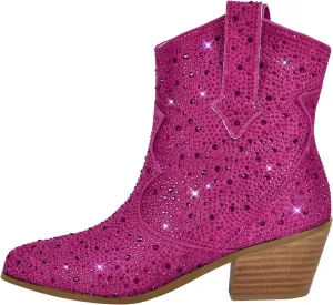VERISSON Point Toe Western Boots Silver Glitter Rhinestone Block Heeled Cowboy Booty