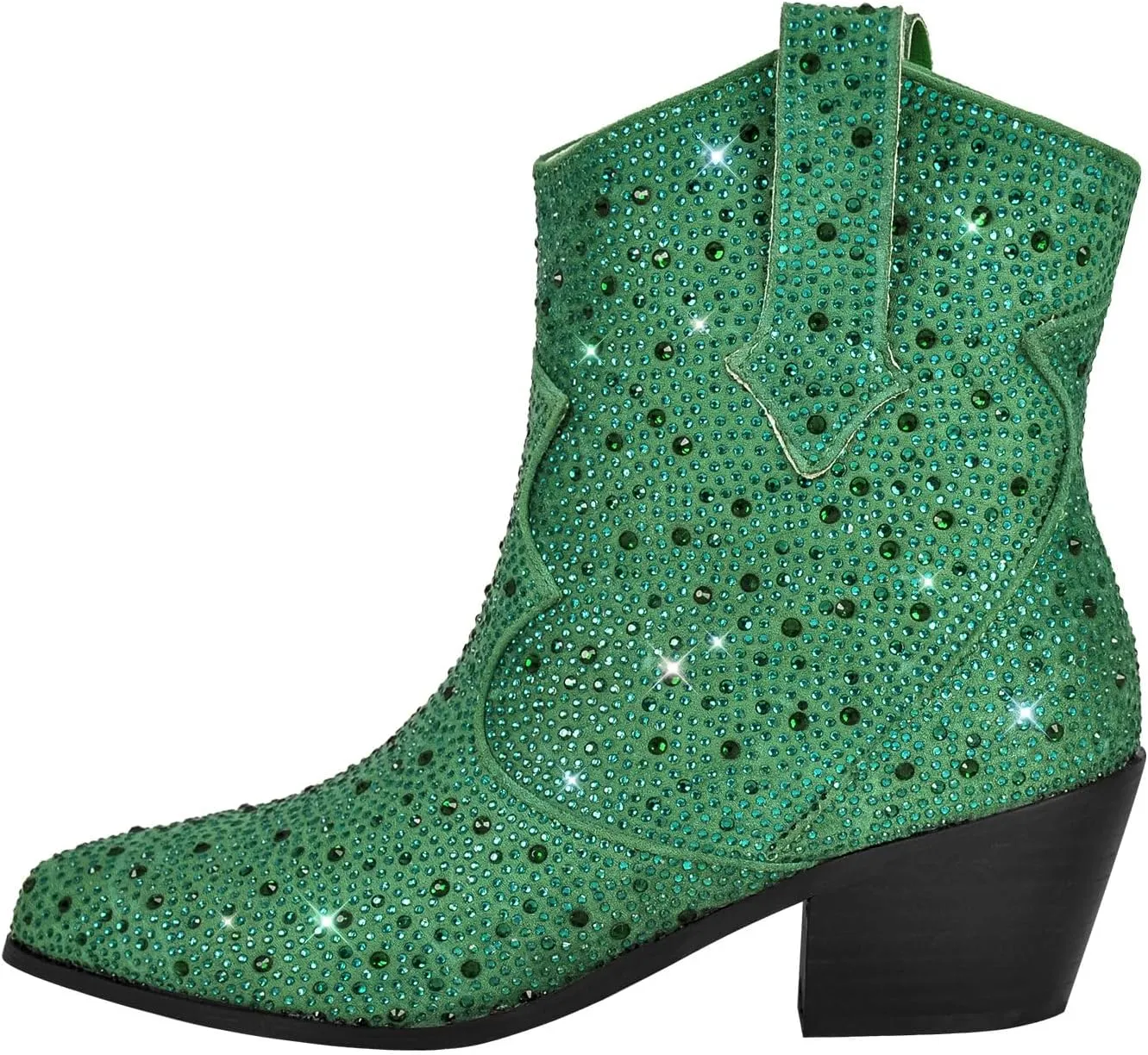 VERISSON Point Toe Western Boots Silver Glitter Rhinestone Block Heeled Cowboy Booty