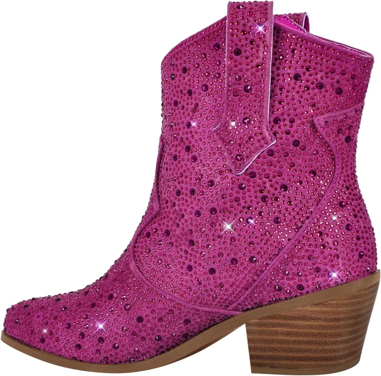 VERISSON Point Toe Western Boots Silver Glitter Rhinestone Block Heeled Cowboy Booty