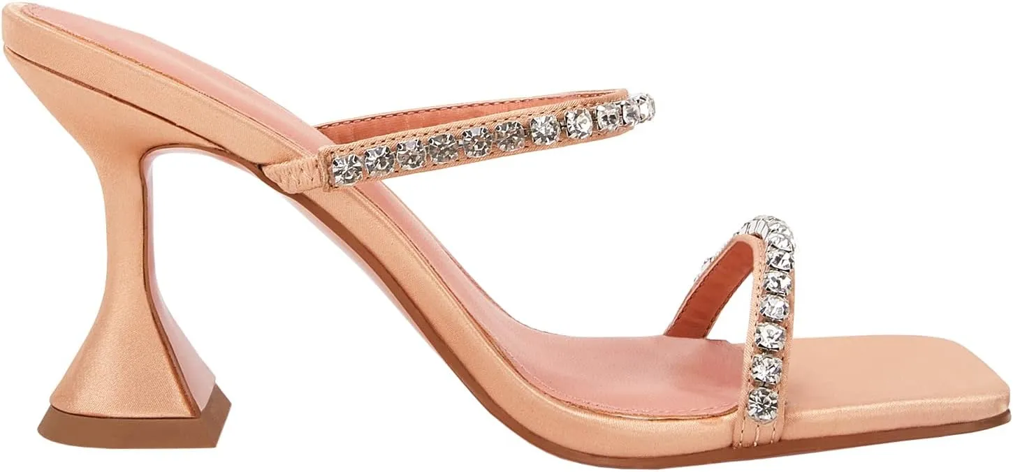 VETASTE Heeled Sandals for Women Square Toe Two Strap Party Wedding Satin Heels