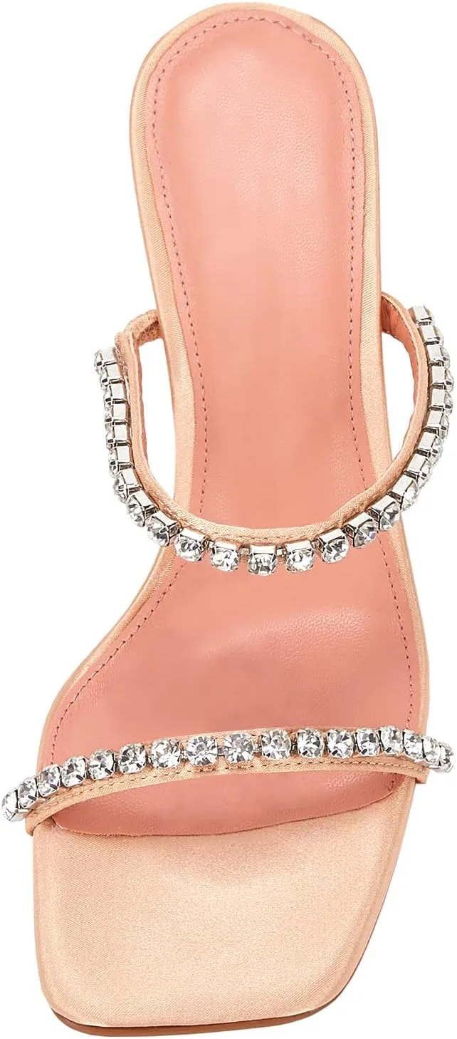 VETASTE Heeled Sandals for Women Square Toe Two Strap Party Wedding Satin Heels