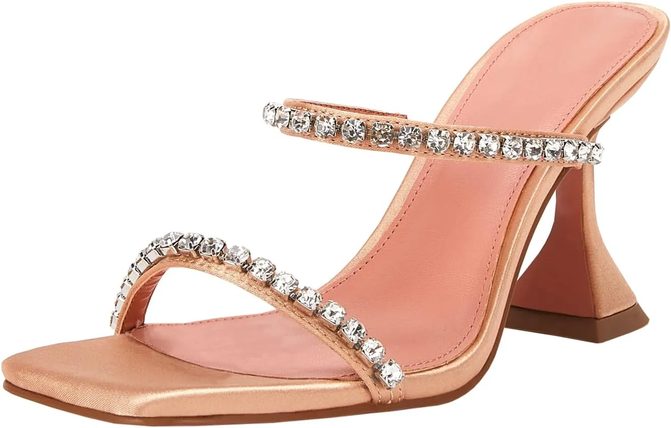 VETASTE Heeled Sandals for Women Square Toe Two Strap Party Wedding Satin Heels