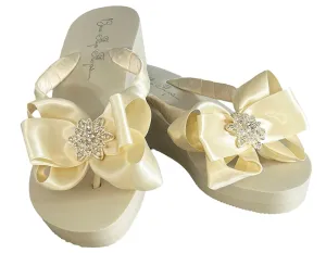 Vintage Flower Rhinestone Embellishment Flip Flops in Ivory or White, 3.5 Inch High Wedge or Customize Heel and Colors, Bridal Sandals