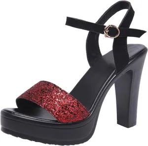 Vujkliy Women's 11CM/4.3IN Thick Heel Platform Sandals Fashion Sequin Catwalk High Heel Sandals