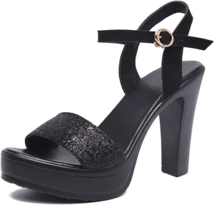 Vujkliy Women's 11CM/4.3IN Thick Heel Platform Sandals Fashion Sequin Catwalk High Heel Sandals
