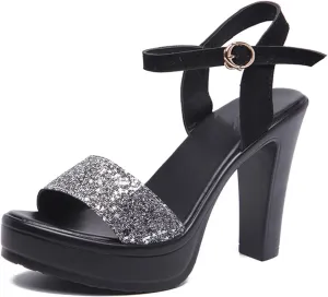 Vujkliy Women's 11CM/4.3IN Thick Heel Platform Sandals Fashion Sequin Catwalk High Heel Sandals