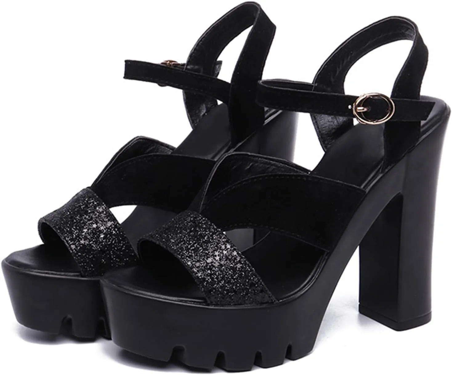 Vujkliy Women's 11CM/4.3IN Thick Heel Sequin Sandals Fashion Waterproof Platform Catwalk Performance High Heels