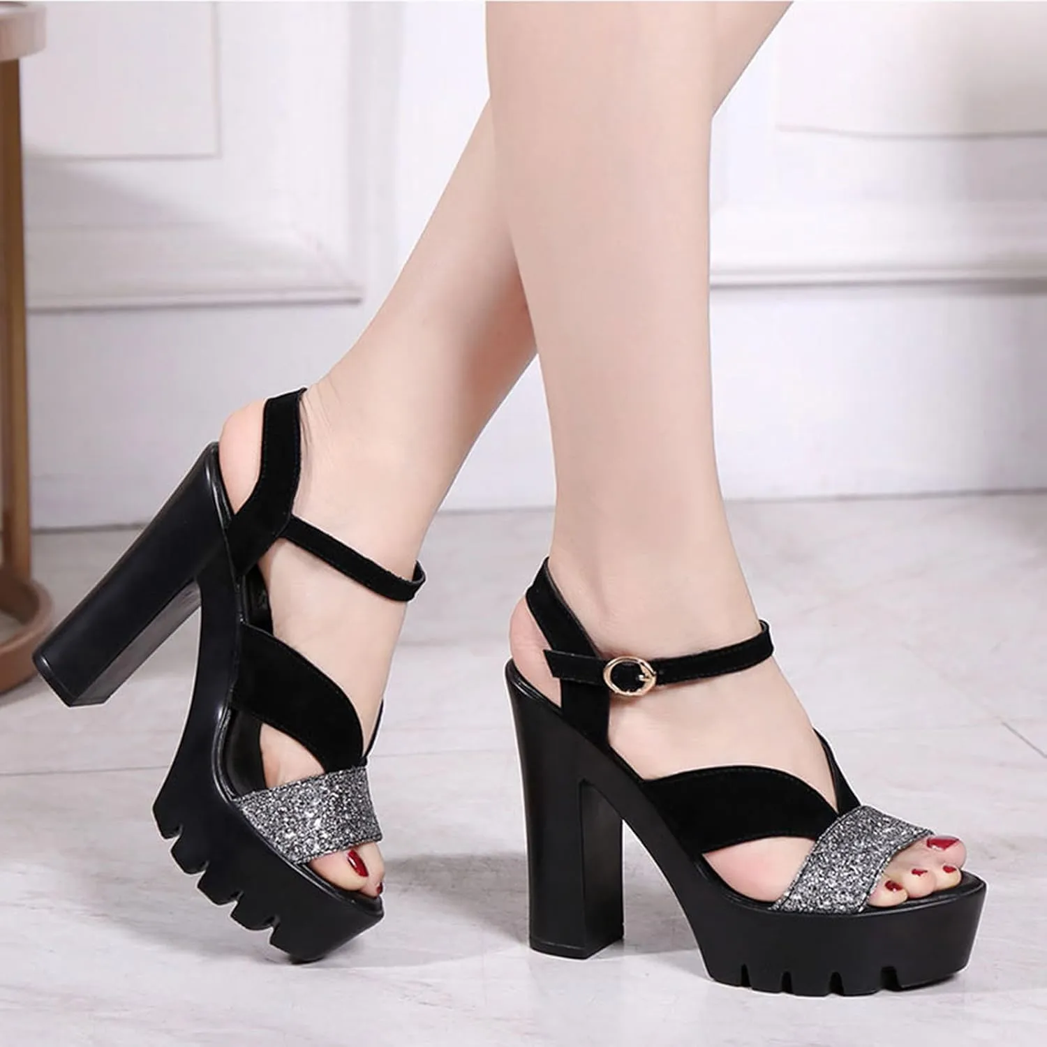 Vujkliy Women's 11CM/4.3IN Thick Heel Sequin Sandals Fashion Waterproof Platform Catwalk Performance High Heels