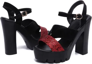 Vujkliy Women's 11CM/4.3IN Thick Heel Sequin Sandals Fashion Waterproof Platform Catwalk Performance High Heels