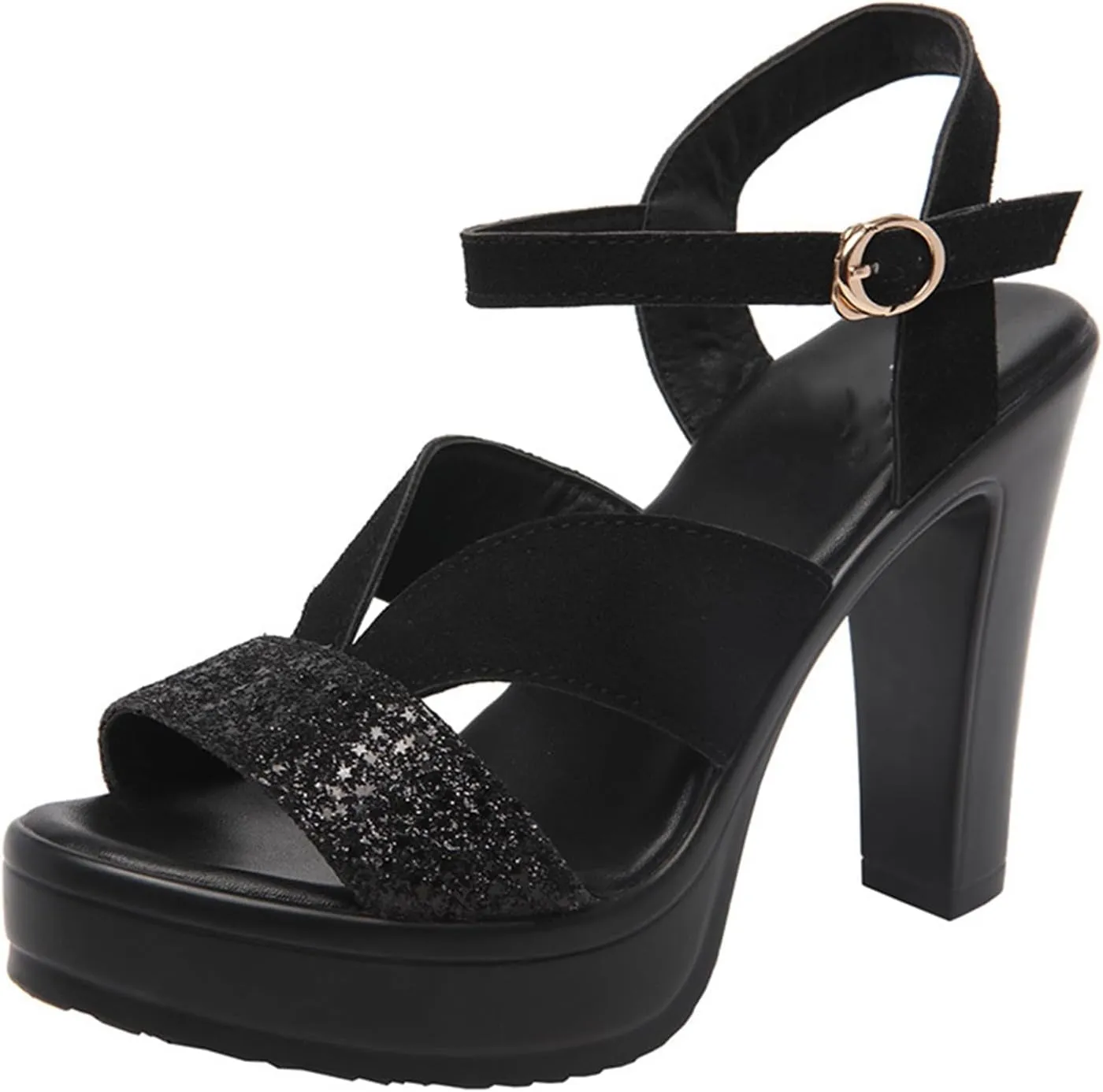 Vujkliy Women's 11CM/4.3IN Thick Heel Sequin Sandals Fashion Waterproof Platform Catwalk Performance High Heels