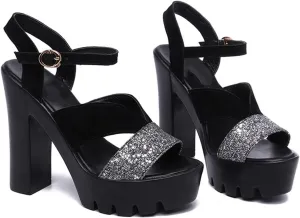Vujkliy Women's 11CM/4.3IN Thick Heel Sequin Sandals Fashion Waterproof Platform Catwalk Performance High Heels