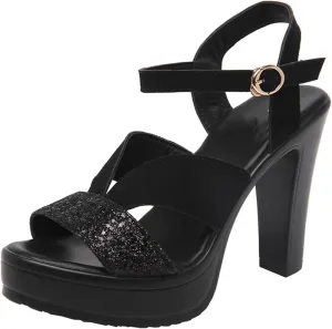 Vujkliy Women's 11CM/4.3IN Thick Heel Sequin Sandals Fashion Waterproof Platform Catwalk Performance High Heels