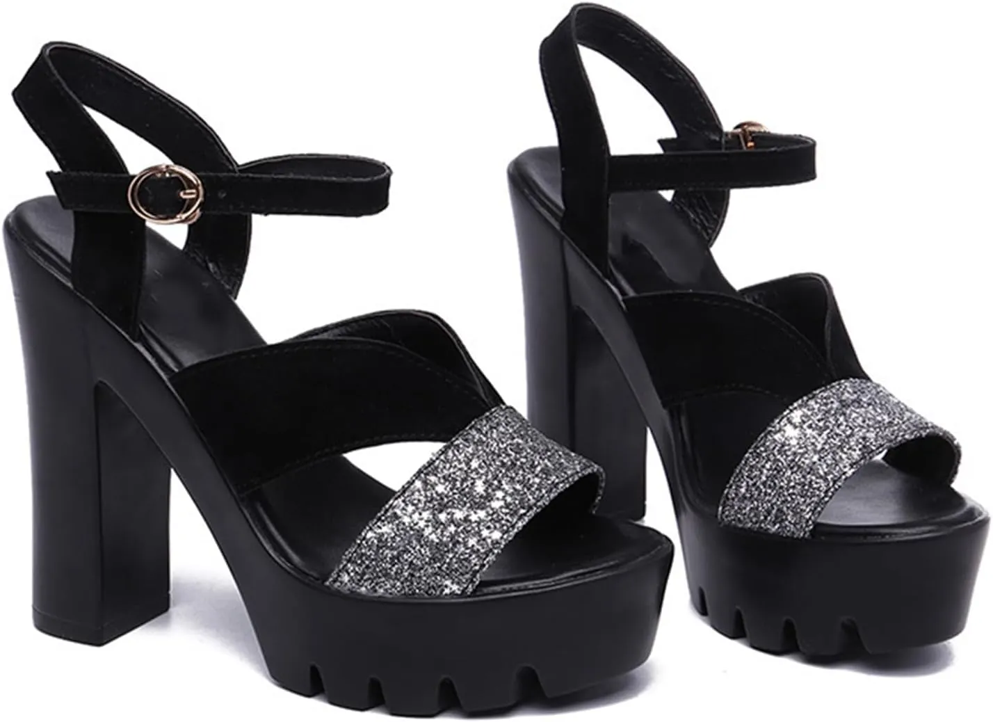 Vujkliy Women's 11CM/4.3IN Thick Heel Sequin Sandals Fashion Waterproof Platform Catwalk Performance High Heels
