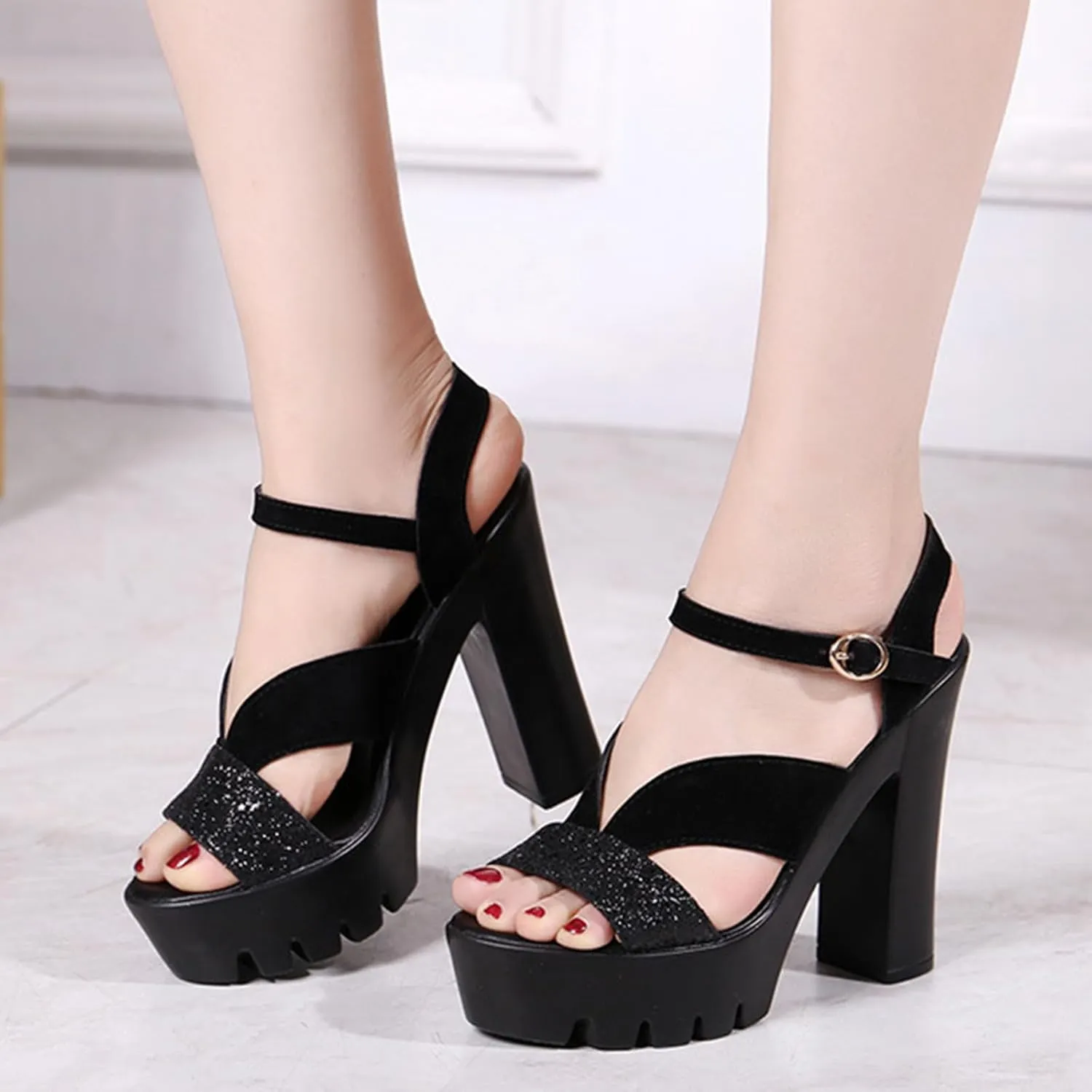 Vujkliy Women's 11CM/4.3IN Thick Heel Sequin Sandals Fashion Waterproof Platform Catwalk Performance High Heels