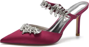 VULTRO Women's Rhinestone Heeled Sandals Pointed Toe Stilettos Mules Slip on Wedding Dress Pumps Slippers