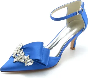 VULTRO Women's Rhinestone High Heels Closed Toe Mid Kitten Heel Ankle Strap Buckle Wedding Bridal Dress Shoes