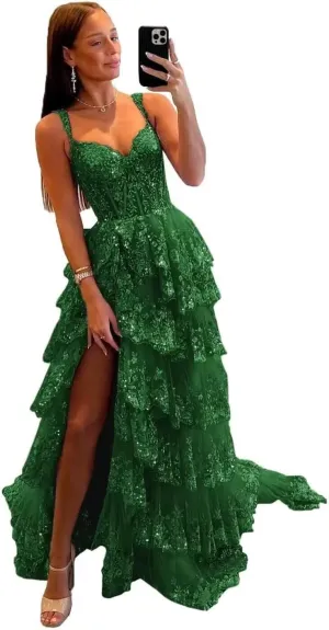 Wchecalino Sparkly Tiered Lace Tulle Prom Dresses Long 2025 Spaghetti Straps Formal Corset Evening Gown with Slit