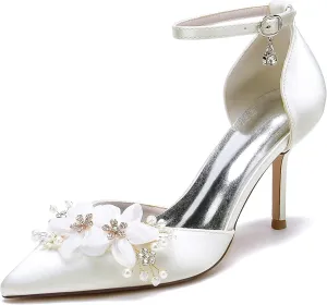 Wedding Shoes Women Silk High Heels Bride Pointed Toe Satin Flower Pearls Ankle Buckle Strap Wedding Party Dress Shoes 8.5Cm