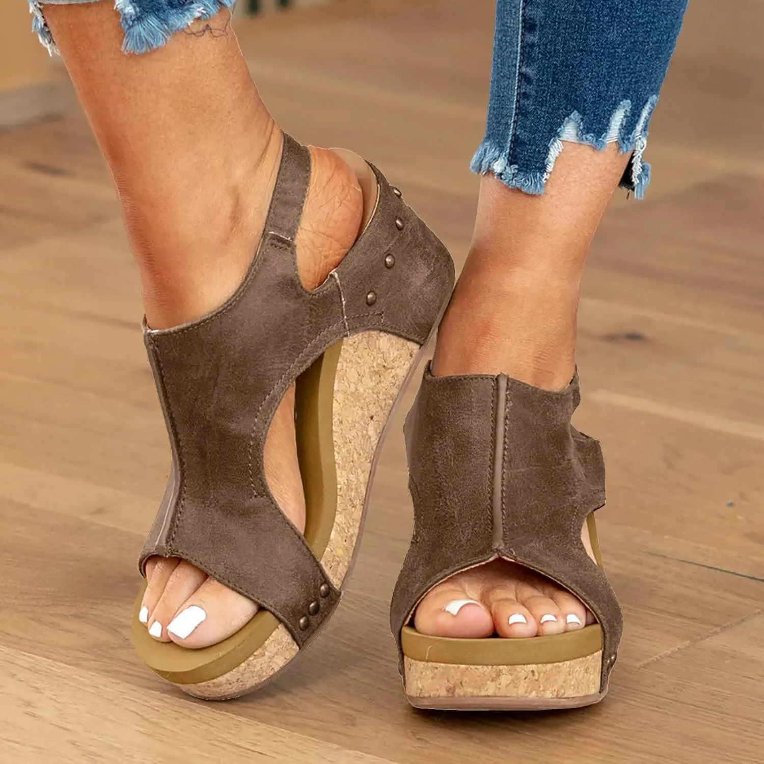 Wedge Sandals for Women Dressy Summer, Womens Open Toe Espadrilles Platform Sandals Buckle Ankle Strap Wedge Sandals Leather Sandals Casual Low Wedges Walking Strappy Slip on Sandals (A-Coffee, 9)