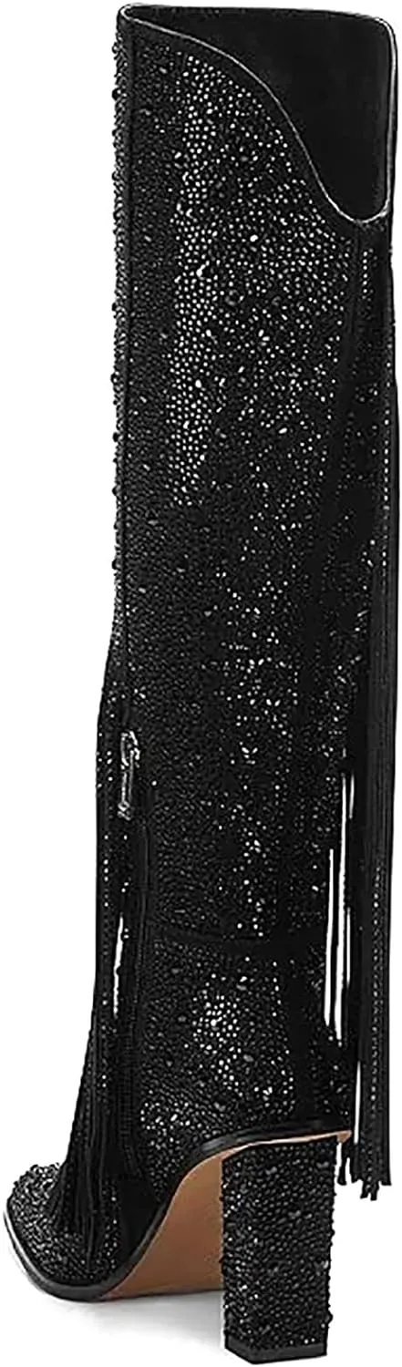 Western Fringe Rhinestone Sequin Black Sparkle Cowboy Boots