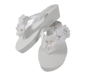 White Flip Flops Silver with Pearl Flower Accents, Wedding